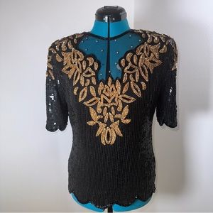 Vintage Stenay Black and Gold Beaded Sequined Blouse Medium